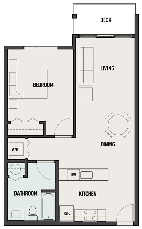Floor plan for 1 bed, 1 bath, 684 sqft